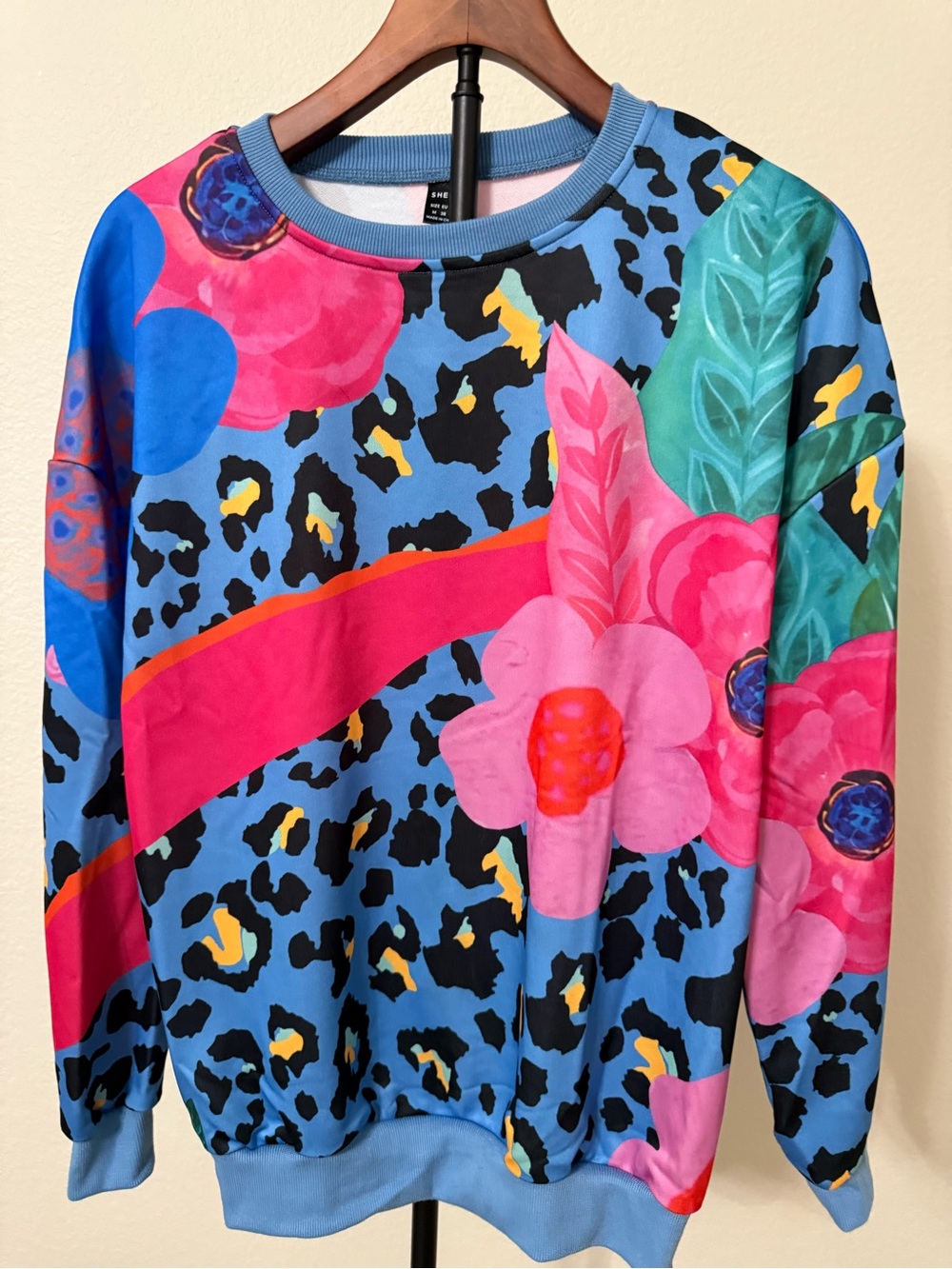 SHEIN Women’s Blue Sweatshirt with Pink Floral & Leopard Print